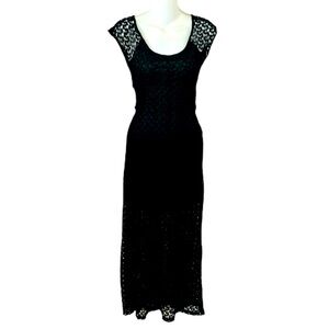Knit Mesh Maxi Dress Black full length crew neck open back